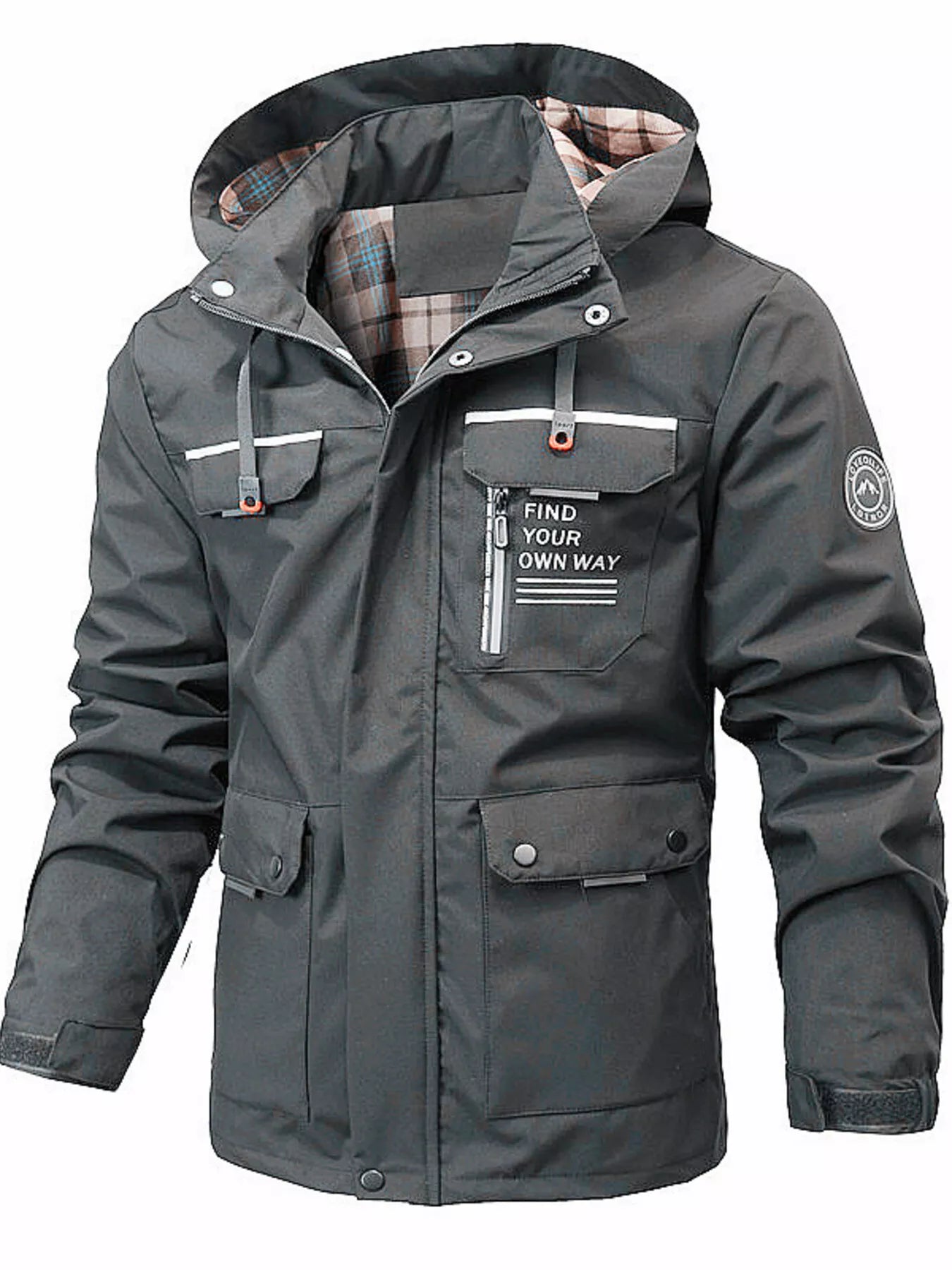 Men's plus size hooded outdoor windproof coat by Trendsi, black, lightweight, with a front zipper and adjustable hood for protection.