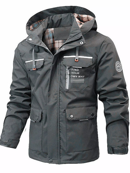 Men's plus size hooded outdoor windproof coat by Trendsi, black, lightweight, with a front zipper and adjustable hood for protection.