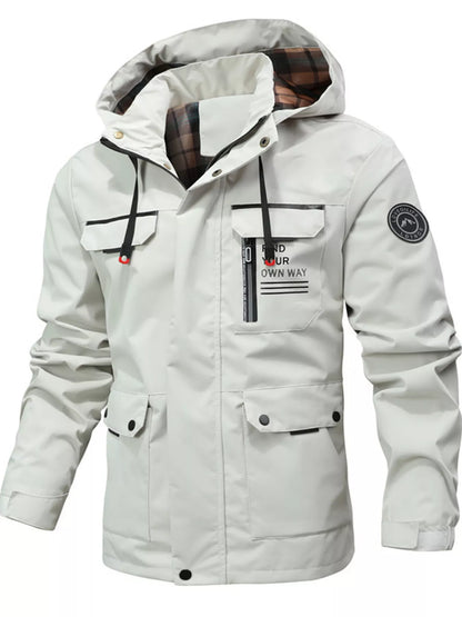 Men's plus size black hooded outdoor windproof coat by Trendsi, featuring a durable design and adjustable hood for outdoor activities.