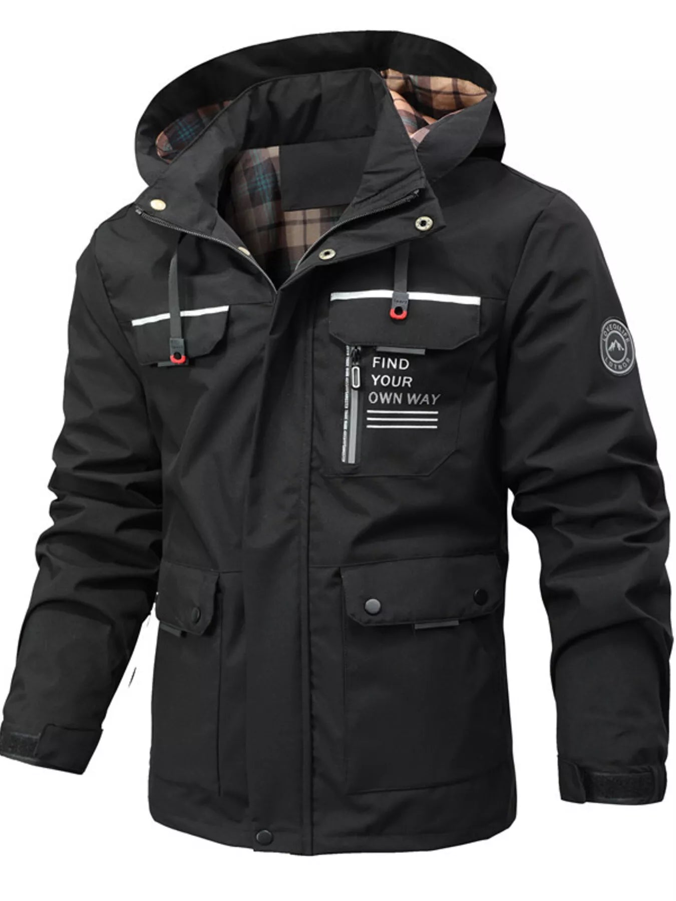 Men's plus size black hooded outdoor windproof coat by Trendsi, featuring a durable design and adjustable hood for outdoor wear.