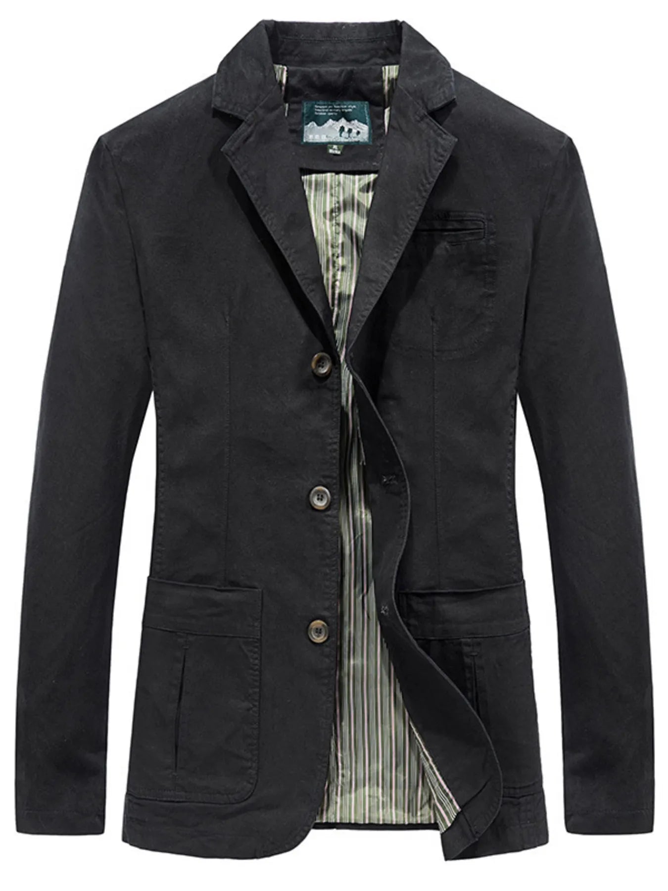 Men's plus size black blazer with lapel collar and button-up front, stylish men's fashion blazer by Trendsi.