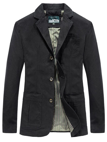 Men's plus size black blazer with lapel collar and button-up front, stylish men's fashion blazer by Trendsi.