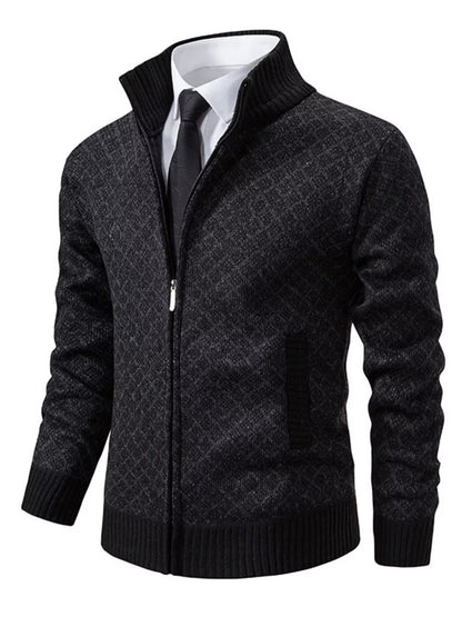 Men's plus size textured zip-up cardigan in black from Trendsi, featuring a front zipper and cozy knit fabric.