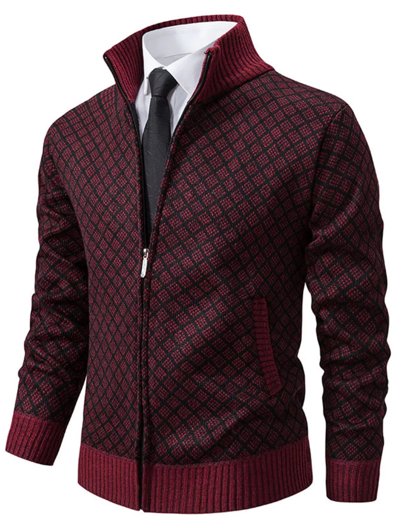 Men's plus size textured black zip-up cardigan by Trendsi, featuring a fitted design and front zipper detail.