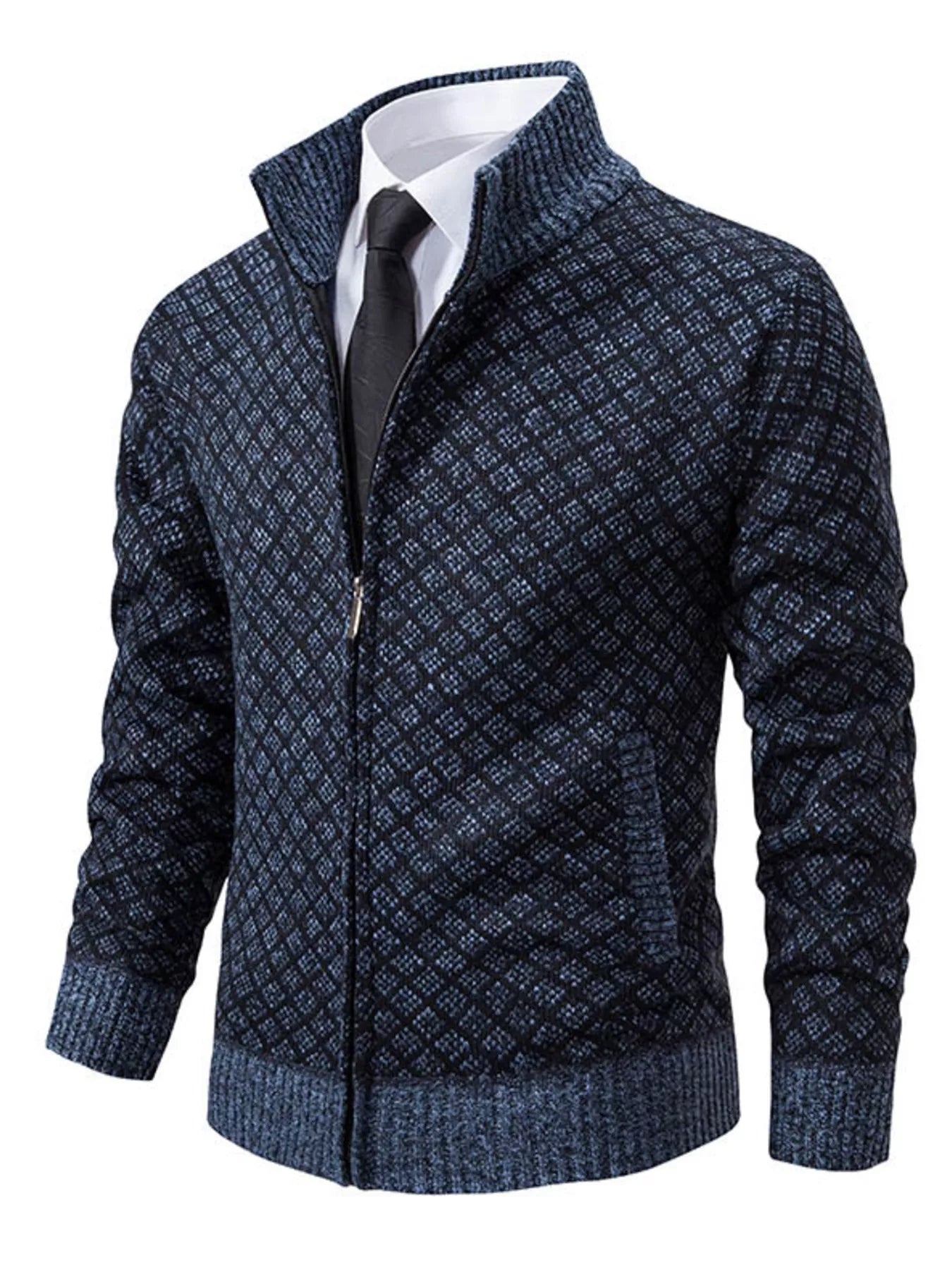 Men's plus size textured black zip-up cardigan by Trendsi, featuring a close-up of the fabric and zipper details.