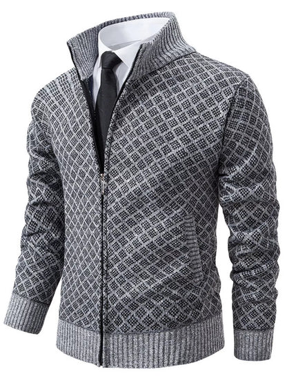 Men's plus size textured black zip-up cardigan from Trendsi, featuring a stylish knit design and full front zipper.