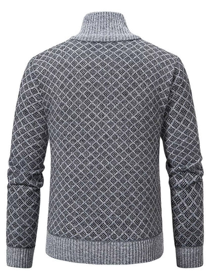 Black men's plus size textured zip-up cardigan by Trendsi, featuring a front zipper and cozy knit fabric.