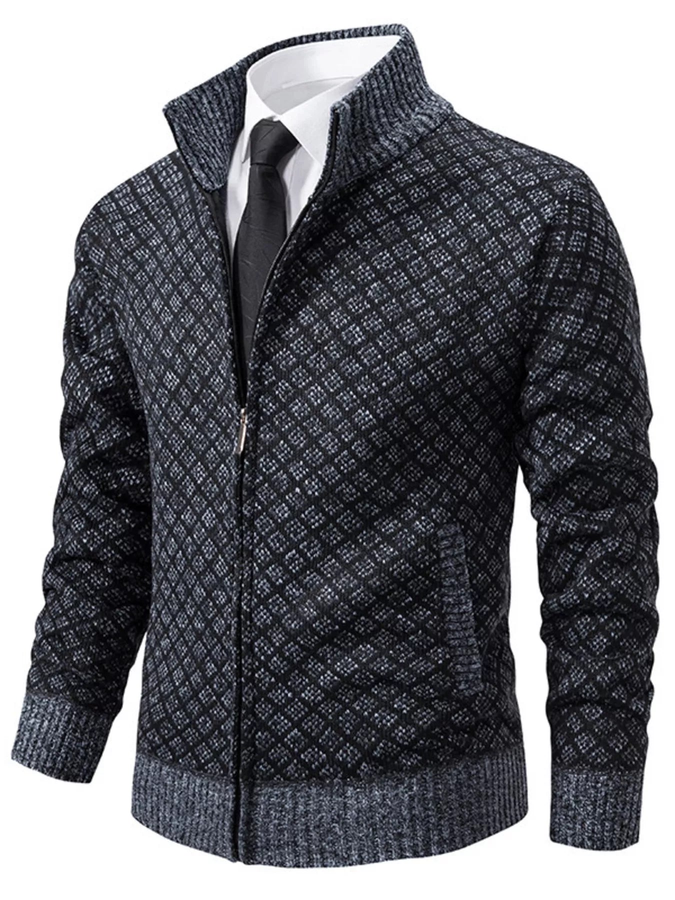 Men's plus size textured black zip-up cardigan by Trendsi, featuring a close-up of the knit fabric and front zipper detail.