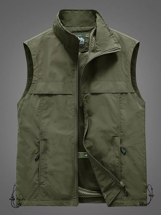 Black men's plus size zip-up vest by Trendsi, featuring a front zipper and sleeveless design for a casual layered look.