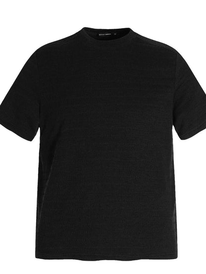 Black men's round neck short sleeve T-shirt from Trendsi, lightweight cotton fabric, fitted style, simple design.