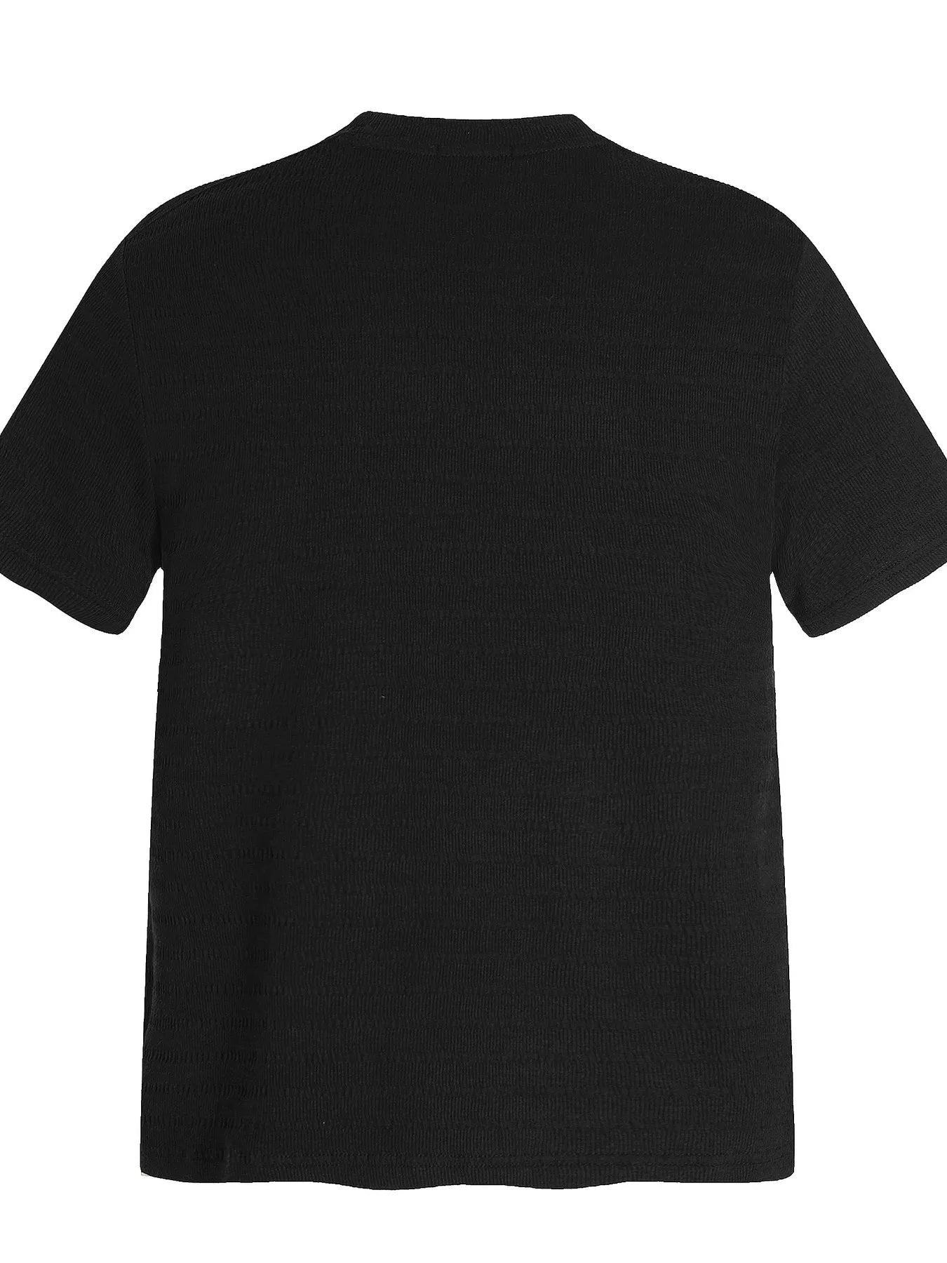Black men's round neck short sleeve T-shirt by Trendsi, lightweight fabric, close-up of the classic fit and crew neckline.