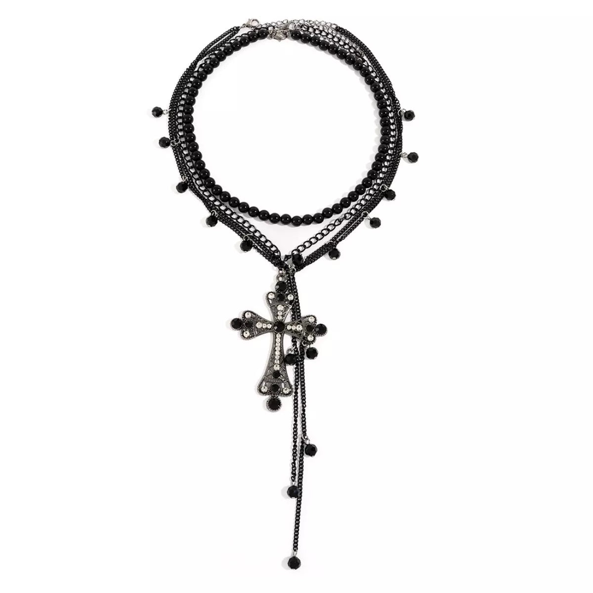Three-piece set of pearl cross pendant necklaces by Trendsi, featuring elegant pearl beads and silver chains.