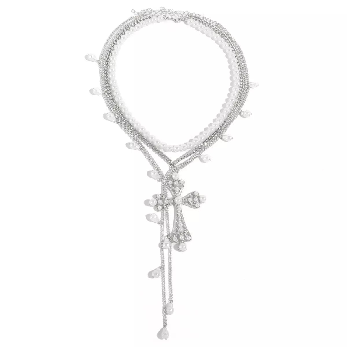 Three-piece set of pearl cross pendant necklaces by Trendsi featuring elegant pearl and cross designs on silver chains