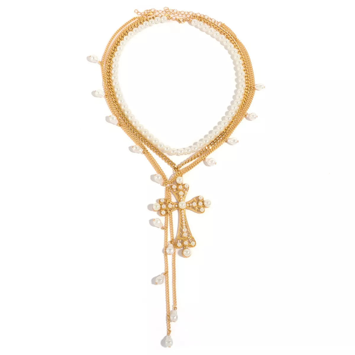 Three-piece set of pearl cross pendant necklaces by Trendsi, featuring elegant jewelry with pearl and cross designs.