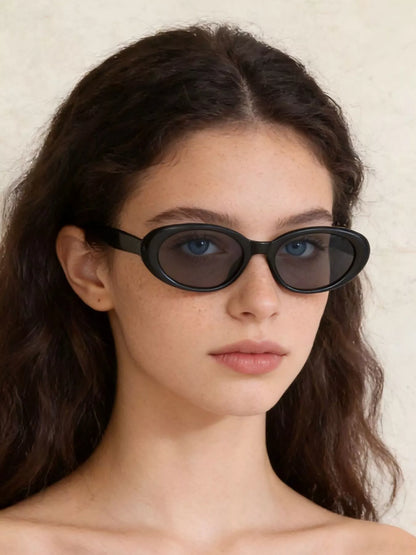 Trendsi UV protection oval sunglasses with black frames and dark tinted lenses for stylish sun protection.