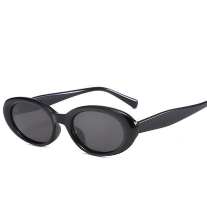 Trendsi UV protection oval sunglasses with dark tinted lenses and sleek black frames on a white background.