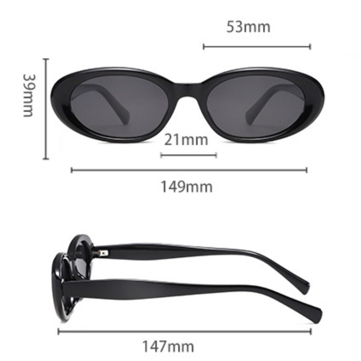 Trendsi UV protection oval sunglasses with black frames and tinted lenses resting on a white background.