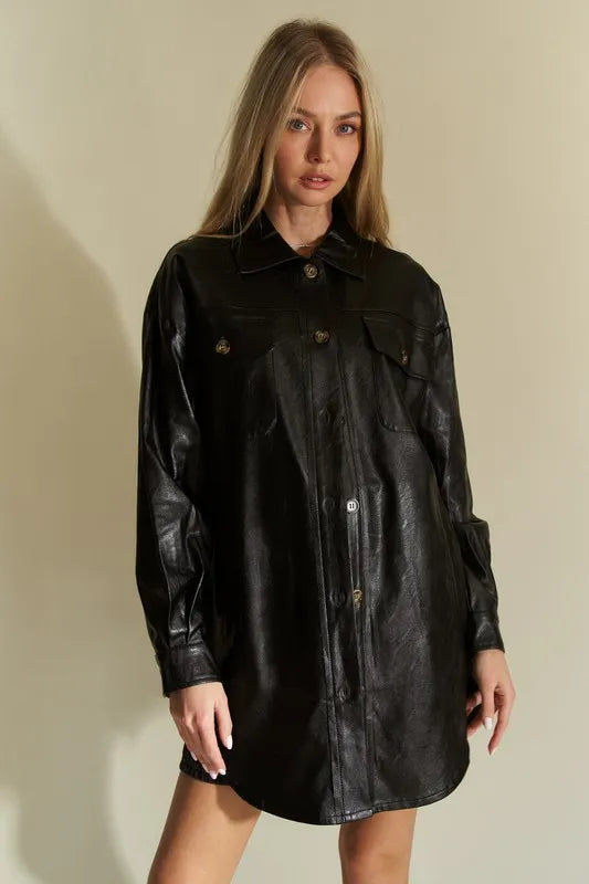 Davi & Dani Faux Leather Button Up Jacket with Chest Pockets - Redemption By Ashley North