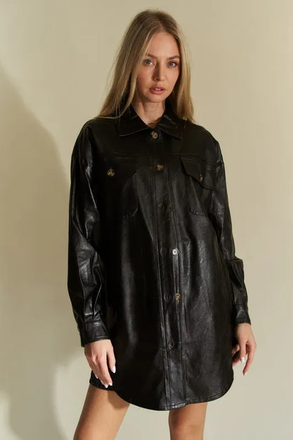Davi & Dani Faux Leather Button Up Jacket with Chest Pockets - Redemption By Ashley North
