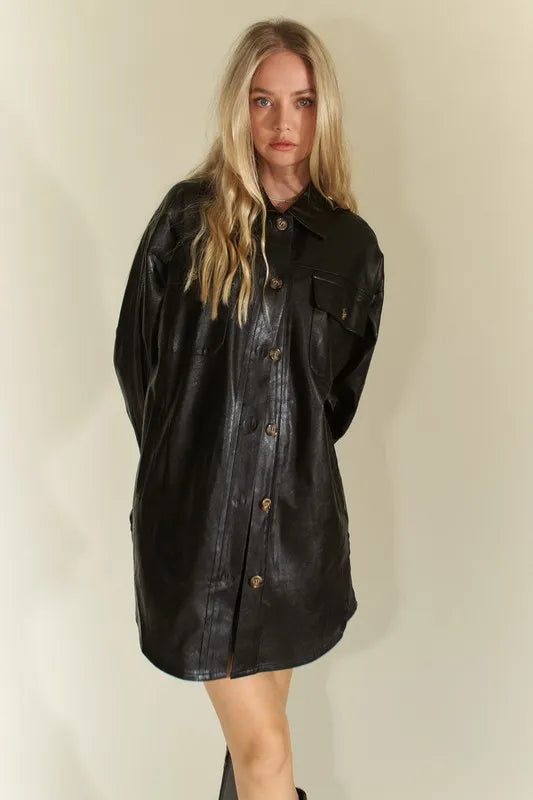 Davi & Dani Faux Leather Button Up Jacket with Chest Pockets - Redemption By Ashley North