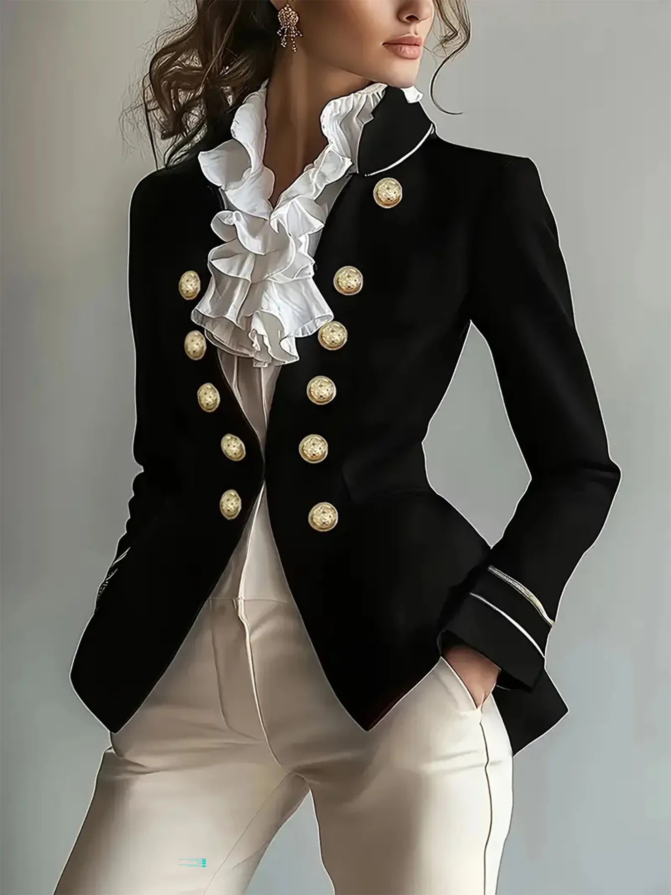 Decorative button high-low blazer with cuff trim from Trendsi, featuring a stylish design and tailored fit.