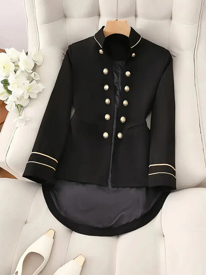 Decorative button high-low blazer with cuff trim, stylish women's fashion blazer by Trendsi, featuring a unique hem and tailored fit.