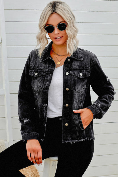 Black distressed raw hem denim jacket with button closures from Trendsi, shown on a mannequin.