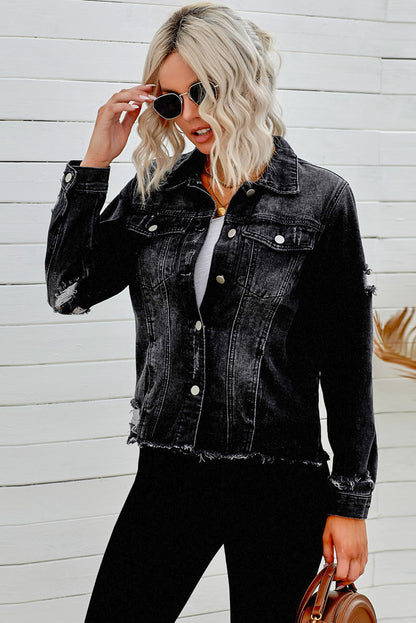 Black distressed raw hem button denim jacket by Trendsi featuring a classic fit and casual style.