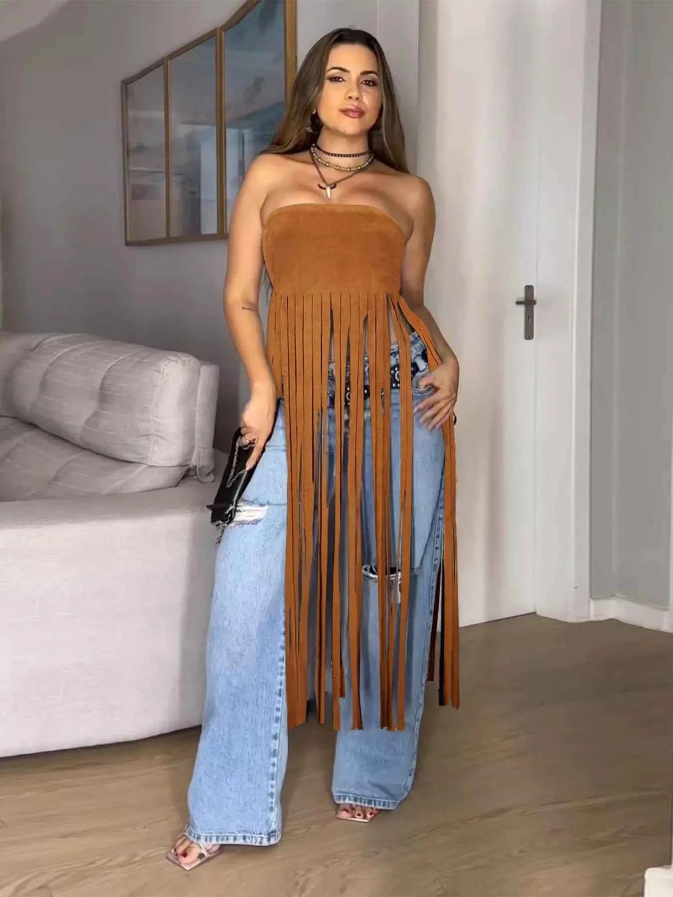 Black fringe-trim tube top by Trendsi featuring stylish fringe details and a sleek fit, perfect for trendy casual wear.