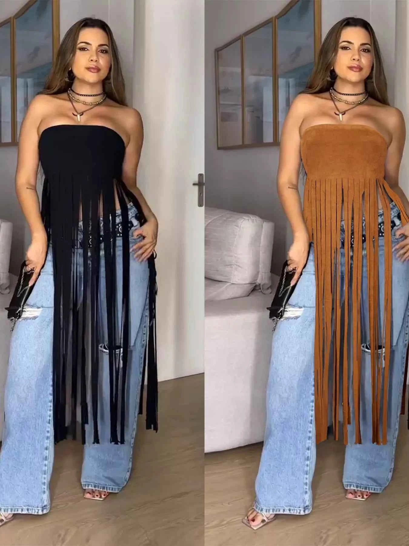 Black fringe-trim tube top by Trendsi, stylish and chic, featuring a sleek fit and fashionable fringe detailing for a trendy look.