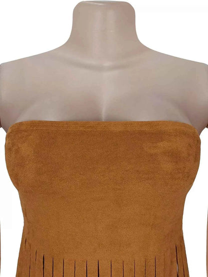 Black fringe trim tube top by Trendsi featuring stylish fringe details and a fitted silhouette for a trendy look.