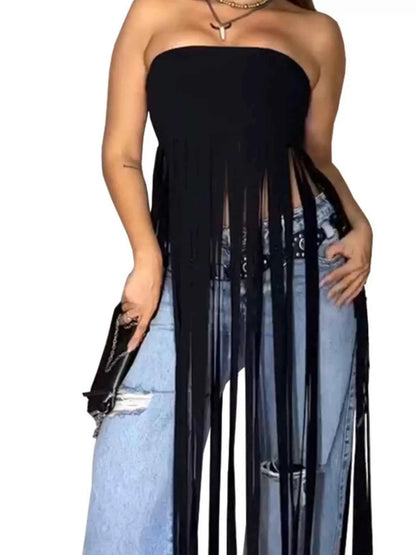 Black fringe trim tube top from Trendsi, featuring a stylish and chic design with flowing fringe details.