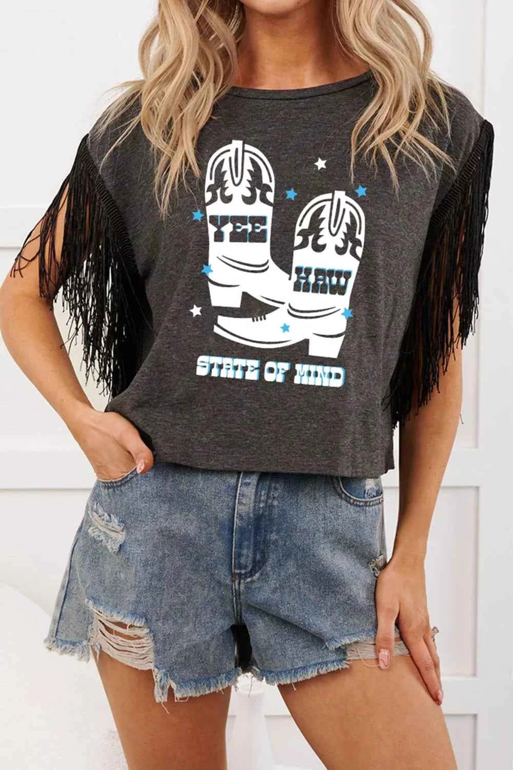 Black Trendsi graphic T-shirt with "Elevate Your Style with the State of Mind" design, casual unisex fit for everyday wear.