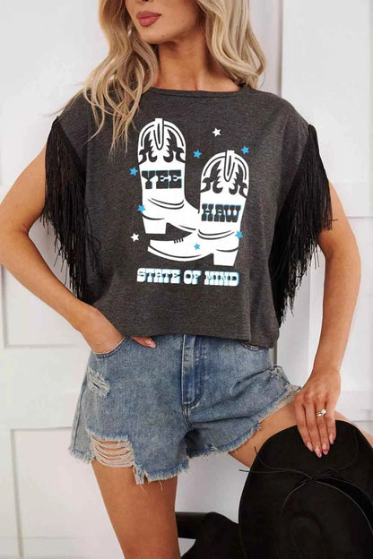 Black Trendsi graphic T-shirt featuring a stylish "Elevate Your Style with the State of Mind" design on the front.