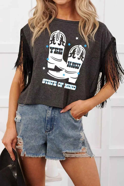 Black Trendsi graphic T-shirt with "Elevate Your Style" and "State of Mind" text, casual fit, front view.