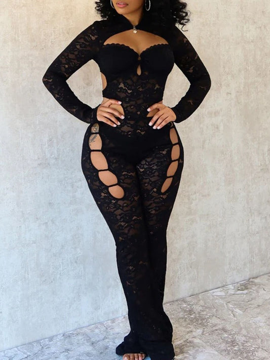 Black lace hollow-out long sleeve jumpsuit from Trendsi, featuring intricate lace details and a fitted silhouette.