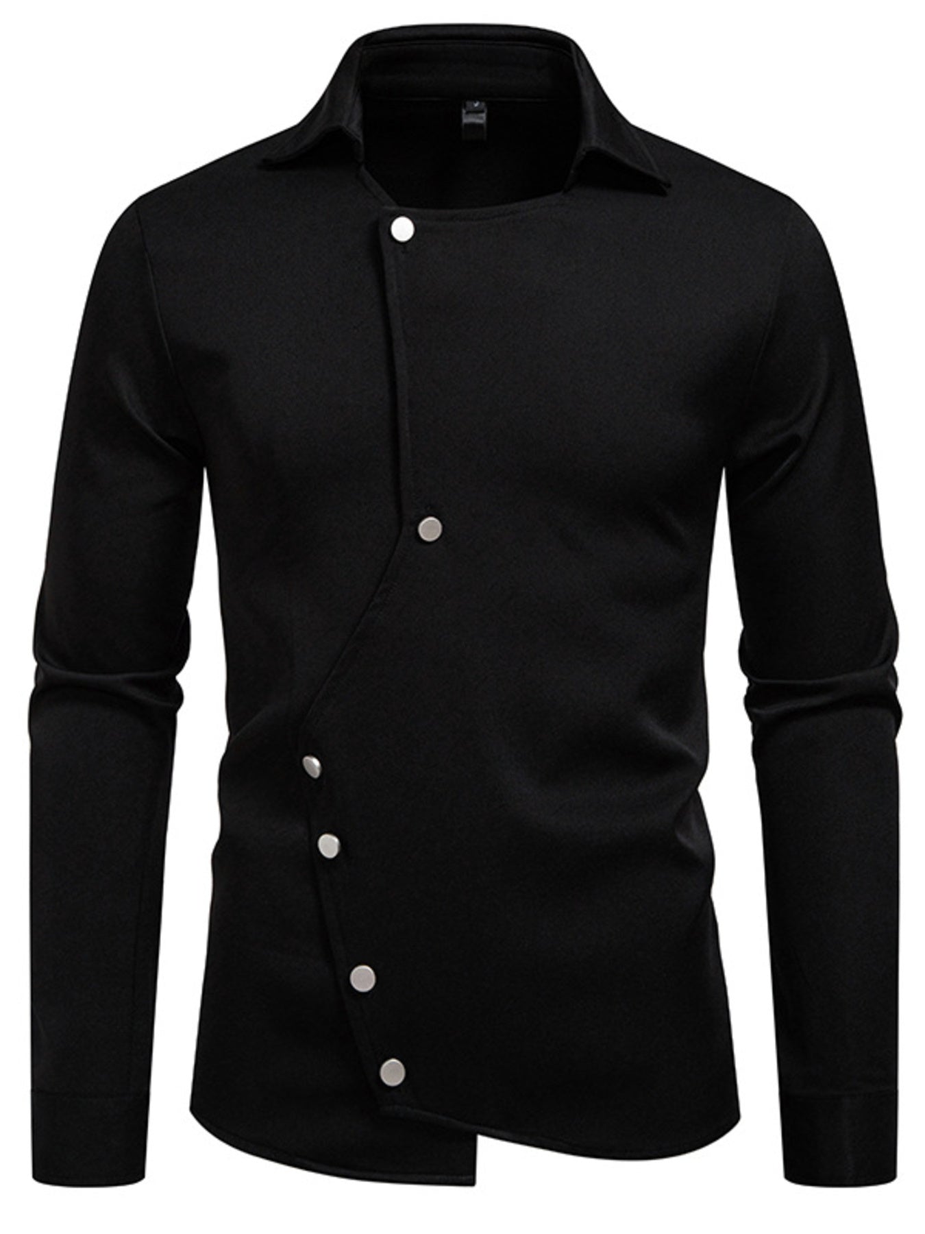 Black men's asymmetrical button-down long sleeve shirt by Trendsi, featuring a modern design and classic collar.