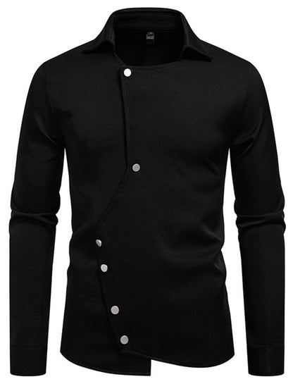 Black men's asymmetrical button-down long sleeve shirt by Trendsi, featuring a modern design and classic collar.