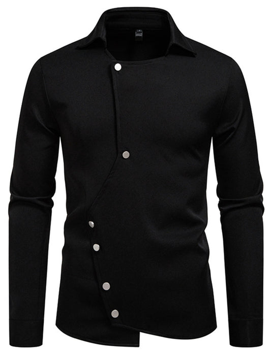 Black men's asymmetrical button-down long sleeve shirt by Trendsi, featuring a modern design and classic collar.