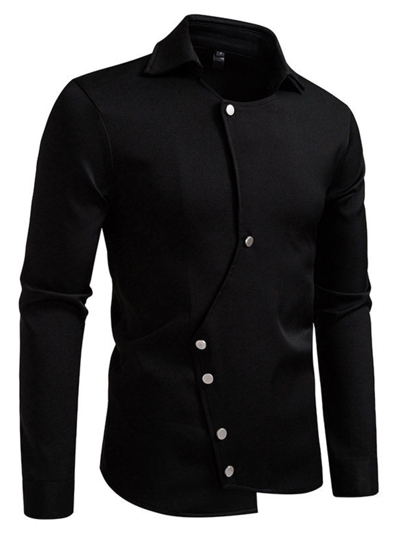 Black men's asymmetrical long sleeve button-down shirt by Trendsi, displayed flat with collar and front buttons visible.