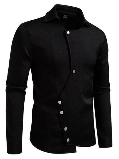 Black men's asymmetrical long sleeve button-down shirt by Trendsi, displayed flat with collar and front buttons visible.