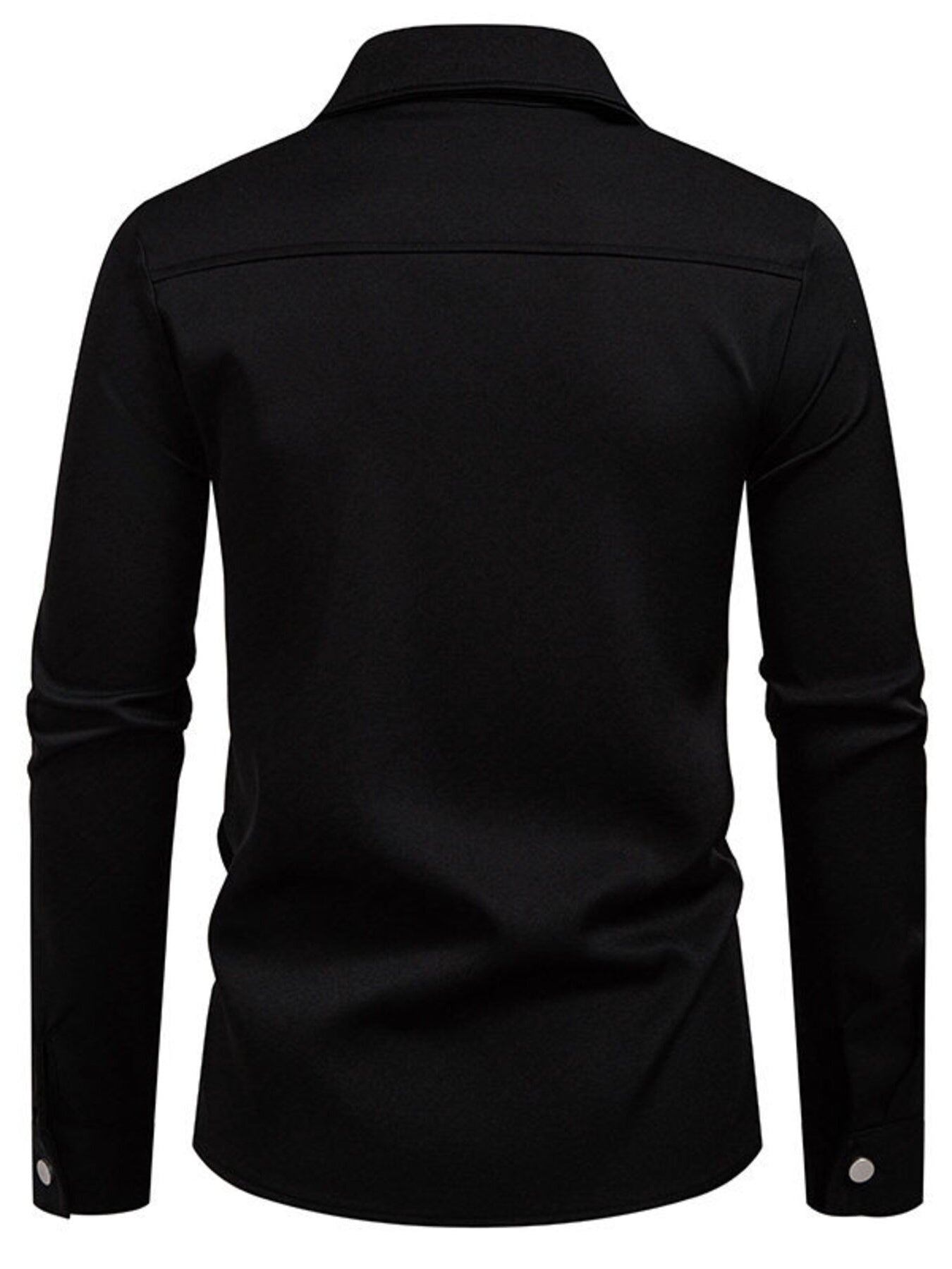 Men's black asymmetrical button-down long sleeve shirt by Trendsi, shown on a model with a modern, stylish fit.