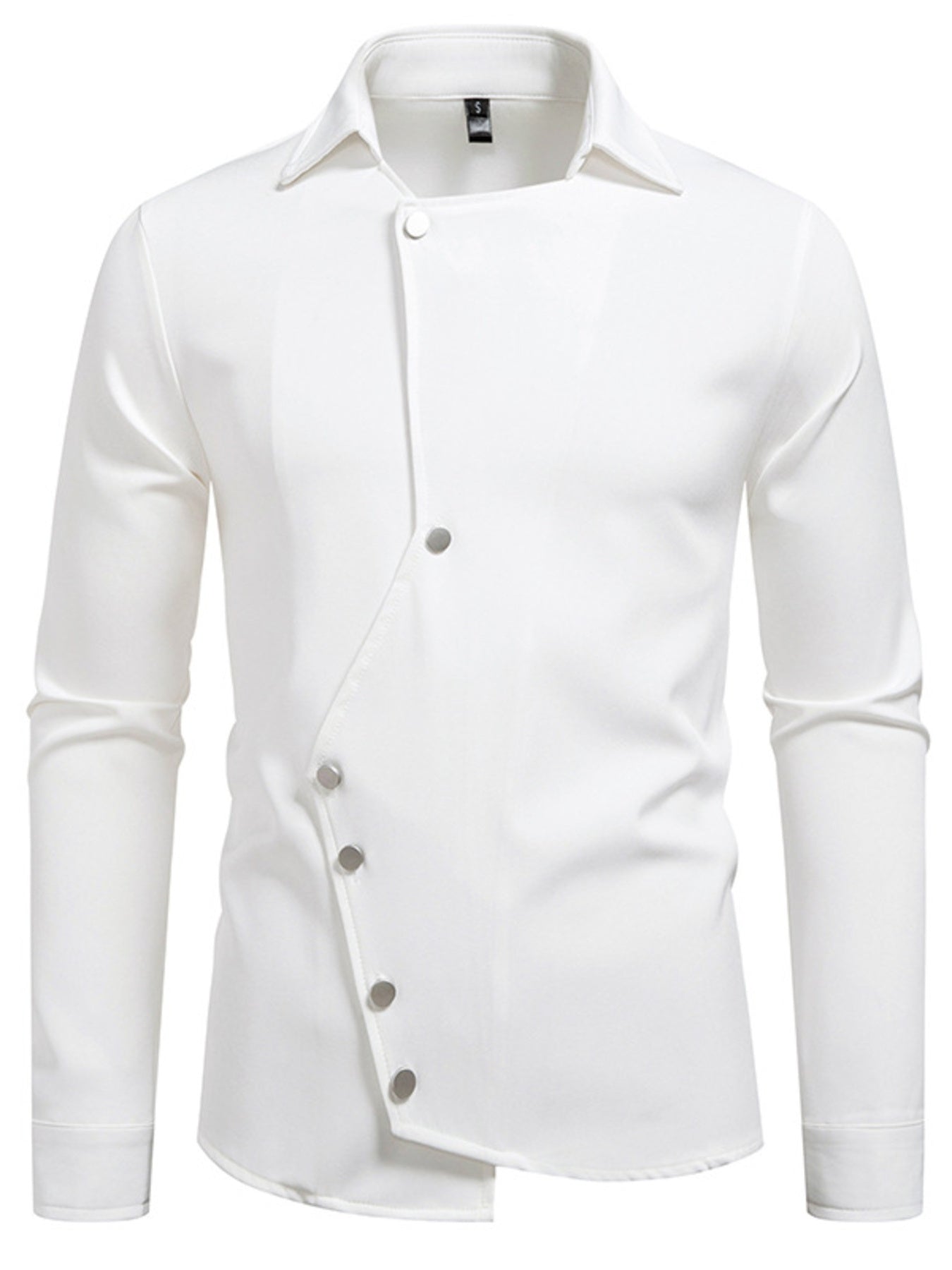Men's black asymmetrical button-down long sleeve shirt by Trendsi, shown with a collar and stylish design details.