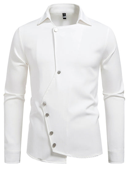 Men's black asymmetrical button-down long sleeve shirt by Trendsi, shown with a collar and stylish design details.