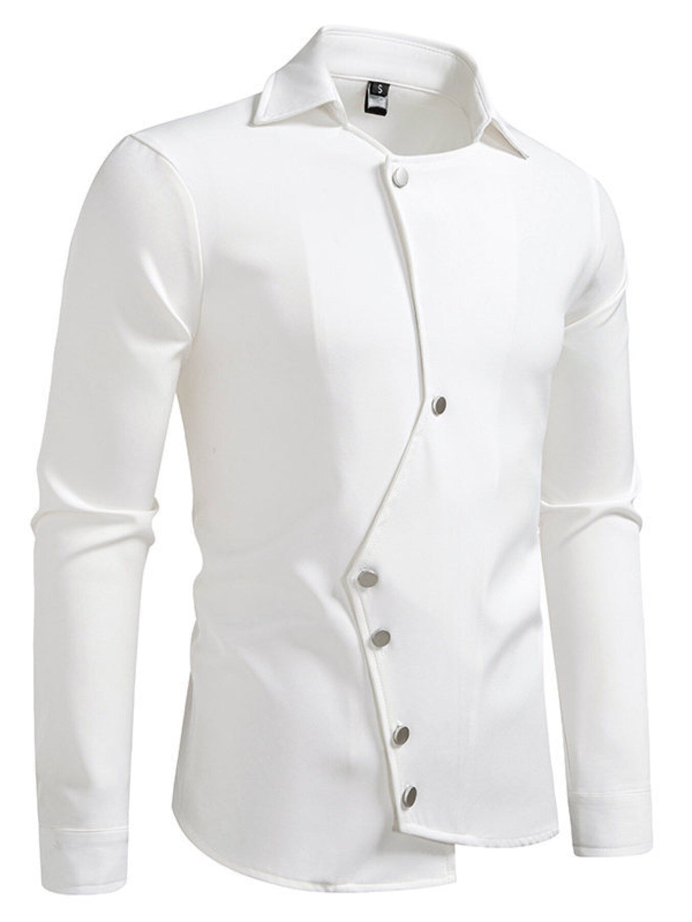 Black men's asymmetrical button-down long sleeve shirt by Trendsi, shown on a model with a collar and stylish design.