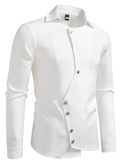 Black men's asymmetrical button-down long sleeve shirt by Trendsi, shown on a model with a collar and stylish design.