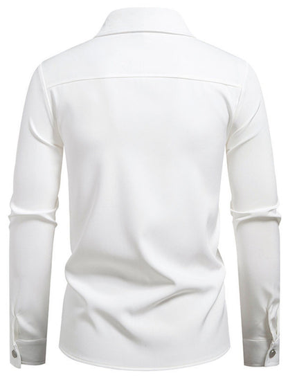 Black men's asymmetrical button-down long sleeve shirt by Trendsi, featuring a stylish, modern design with a pointed hem.