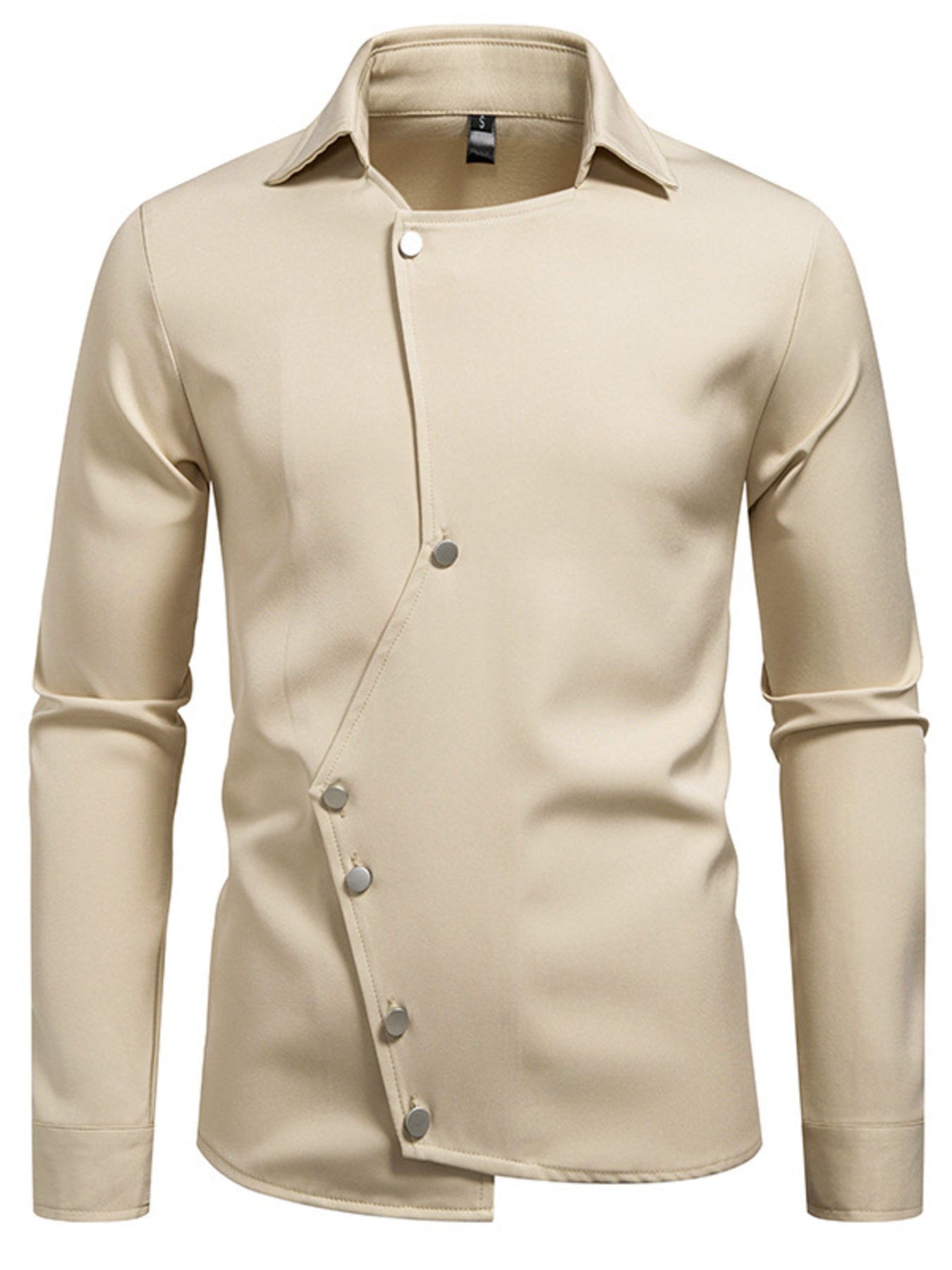 Black men's asymmetrical button-down long sleeve shirt by Trendsi, featuring a modern design and classic collar.
