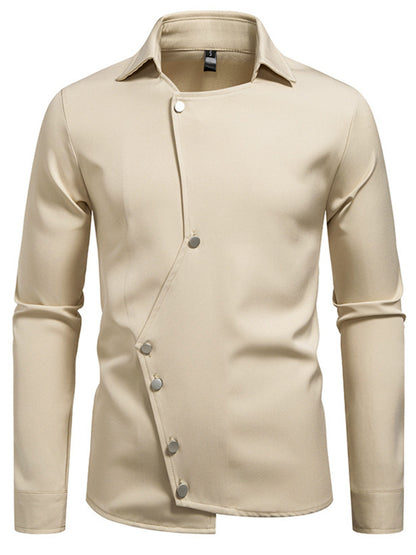 Black men's asymmetrical button-down long sleeve shirt by Trendsi, featuring a modern design and classic collar.
