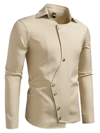 Black men's asymmetrical button-down long sleeve shirt by Trendsi, featuring a stylish, modern design with a unique hem.